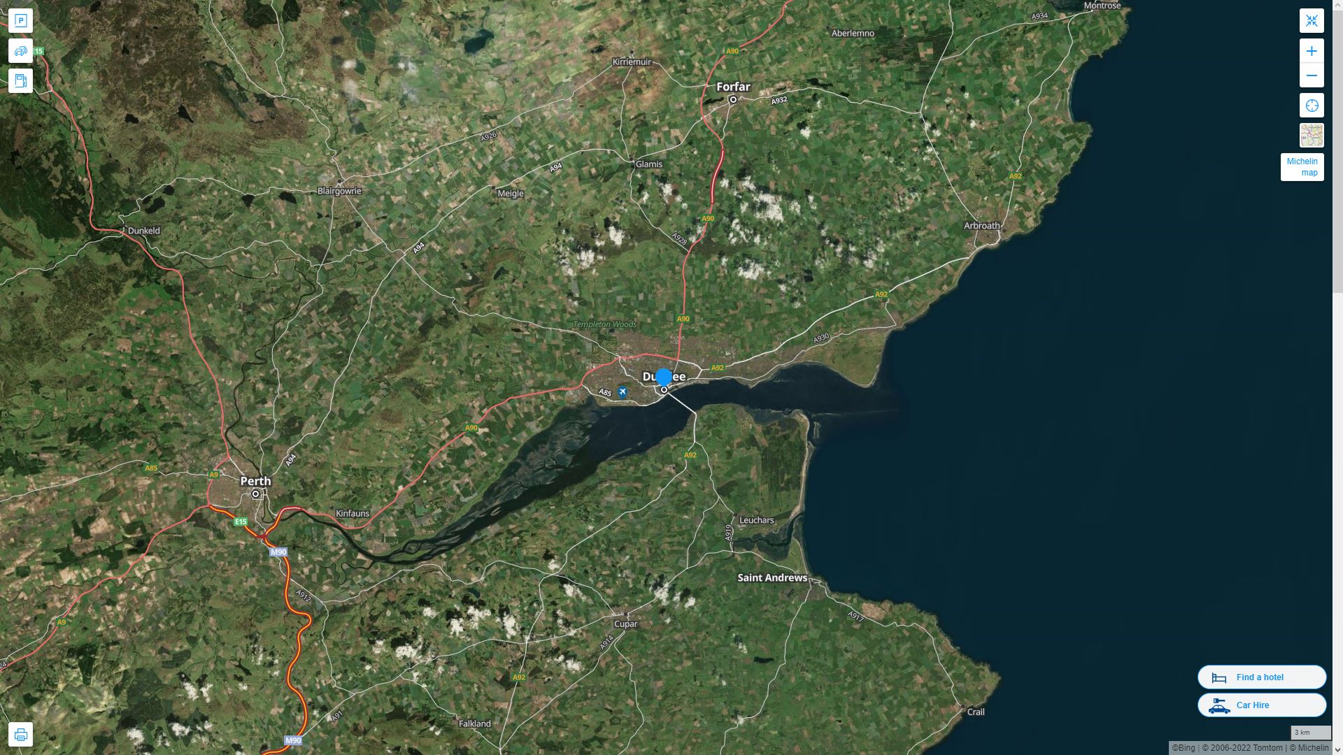 Dundee Royaume Uni Autoroute et carte routiere avec vue satellite
